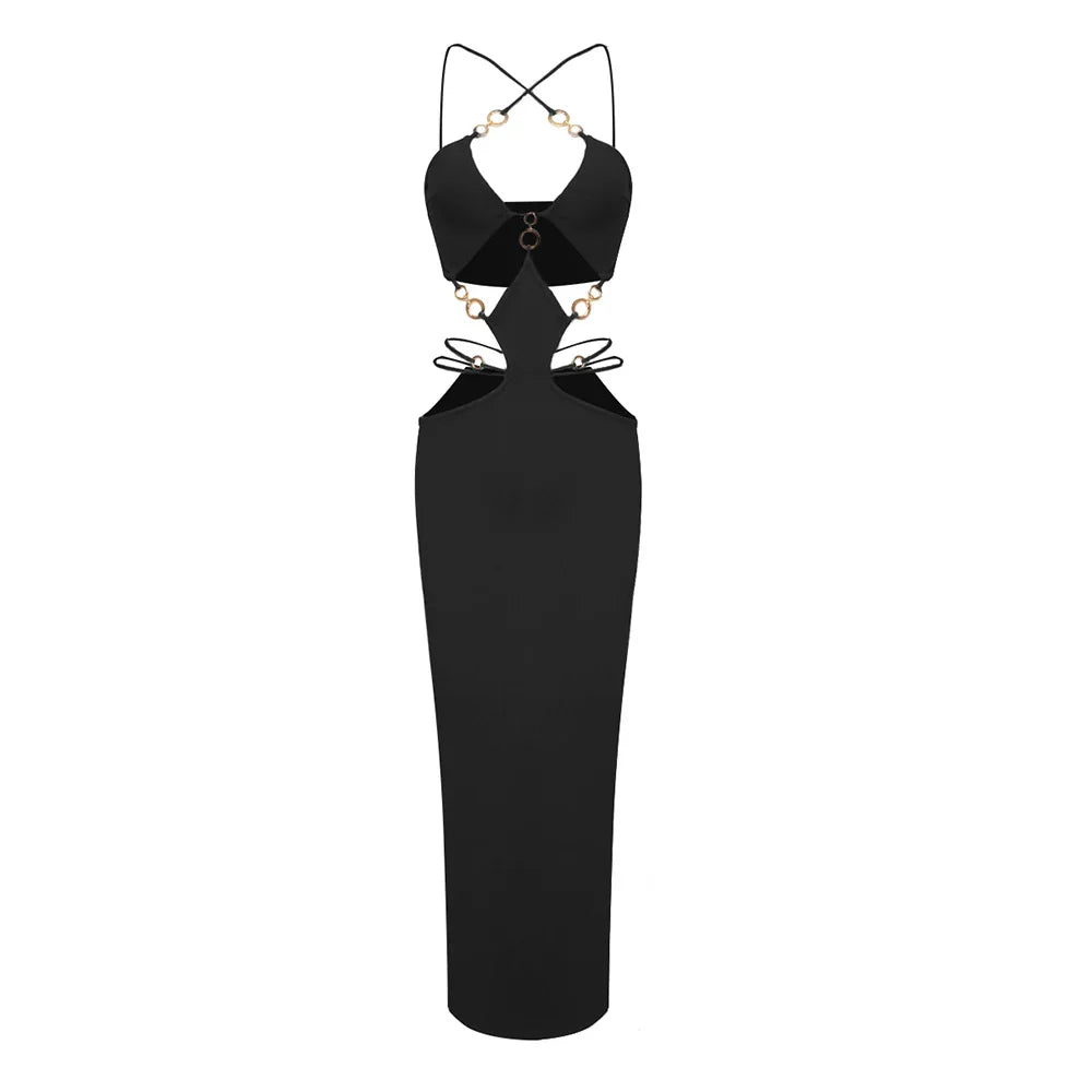 Arrival Sexy Hollow Out Halter Long Bandage Dress Fashion‘s Sexy Woman Package Hips Bodycon Dress Summer Vocation Vestido black