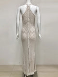 Spring Sexy Women's Light Luxury Nail Bead Design Maxi Dress O-Neck Sleeveless Bodycon Tail Long Dress Club Party Vestidos