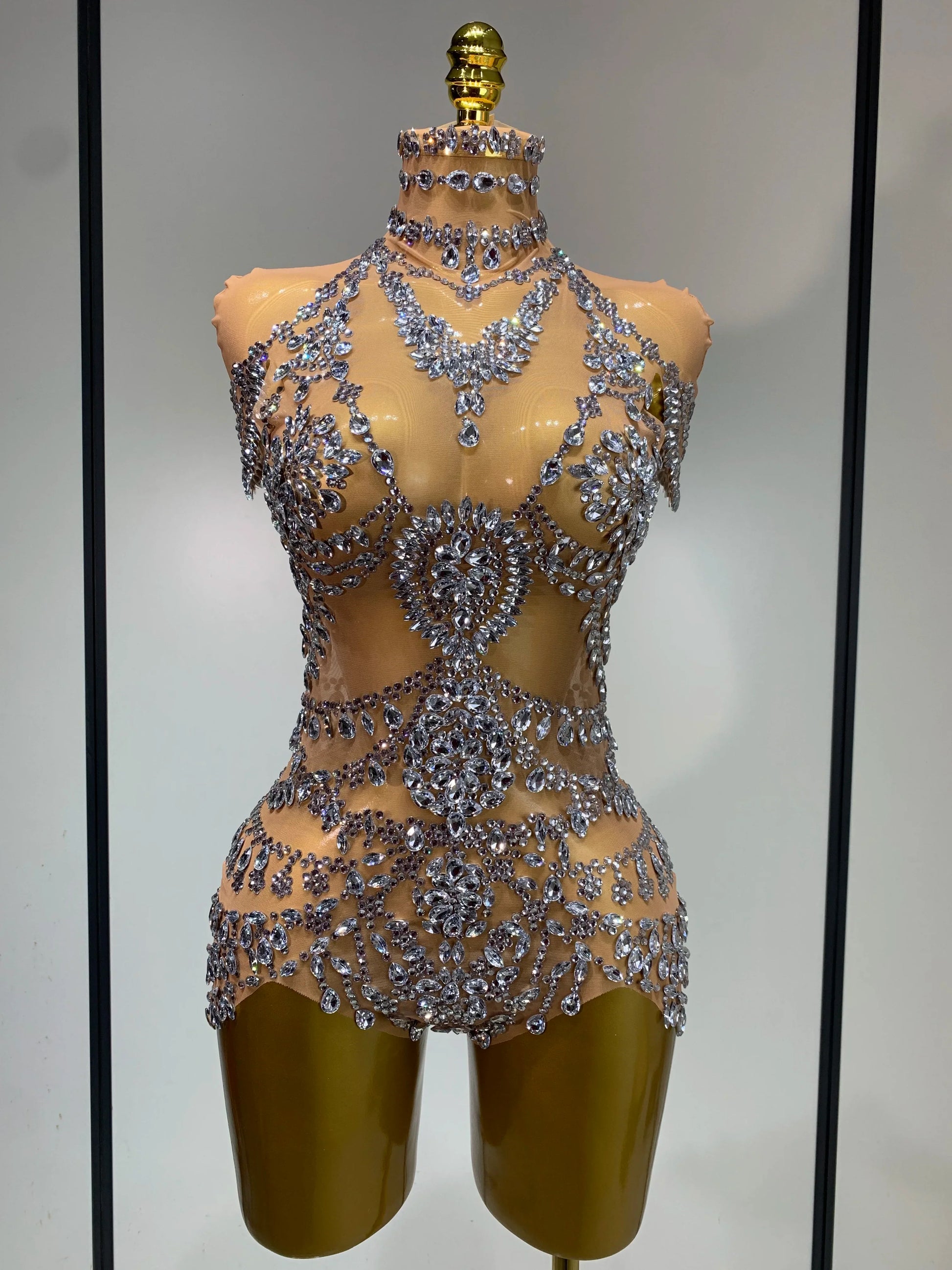 Women Sexy See Through Crystal Bodysuits Luxury Birthday Dancer Stage Performance Wear Mesh Sparkly Rhinestone Nightclub Outfit Silver