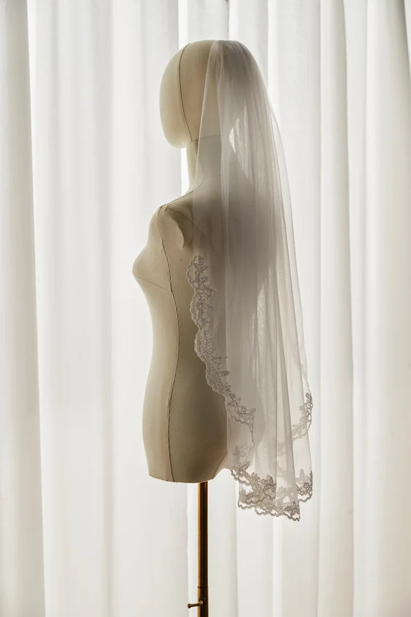 Floral Lace Edge Bridal Veil Fingertip Ivory Wedding Veil