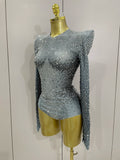 Sparkle Silver Rhinestones Long Sleeve Stretch Bodysuits Women Evening Luxury Birthday Party Sexy Nightclub Stage Costu