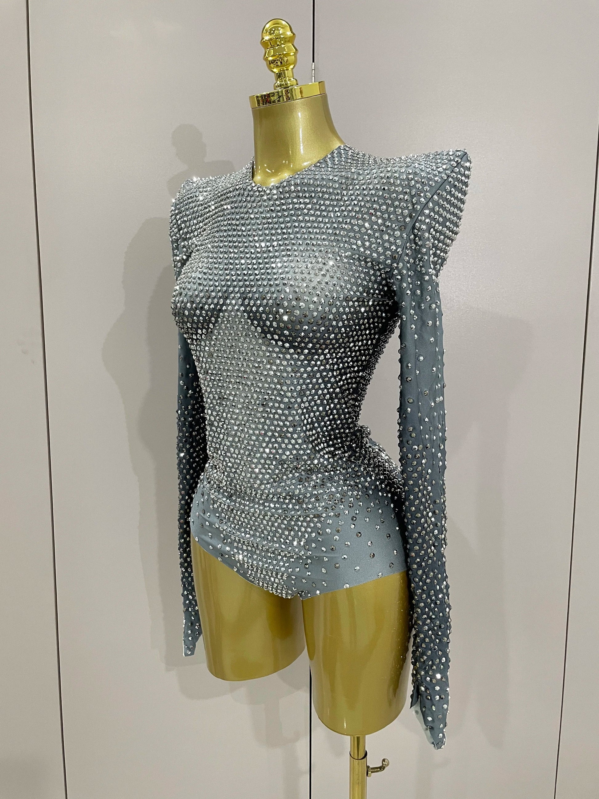 Sparkle Silver Rhinestones Long Sleeve Stretch Bodysuits Women Evening Luxury Birthday Party Sexy Nightclub Stage Costu