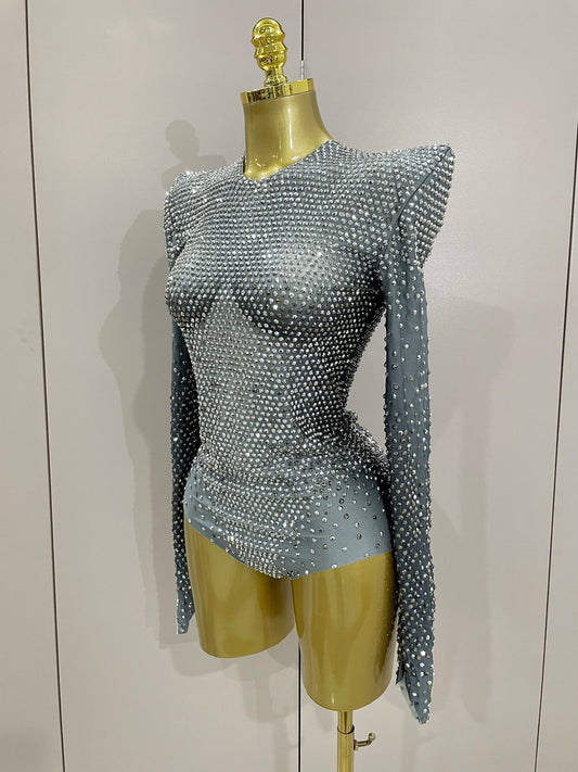 Sparkle Silver Rhinestones Long Sleeve Stretch Bodysuits Women Evening Luxury Birthday Party Sexy Nightclub Stage Costu