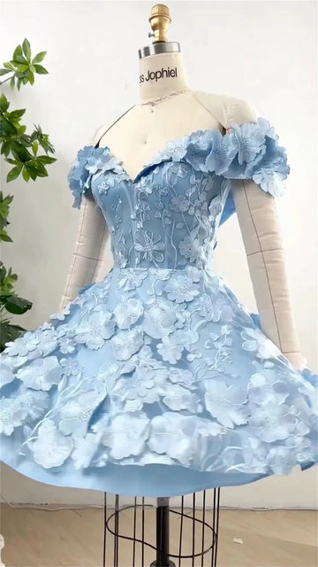 Amanda Light Blue Off-Shoulder Mini Prom Gown Sleeveless Lace-Up Back Evening Formal Dress As Picture