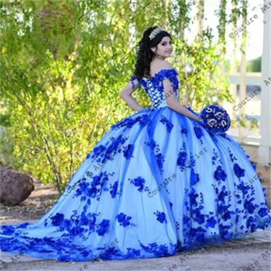 Royal Blue Beaded Pearls 3D Flowers Quinceanera Dresses Off The Shoulder Ball Gown