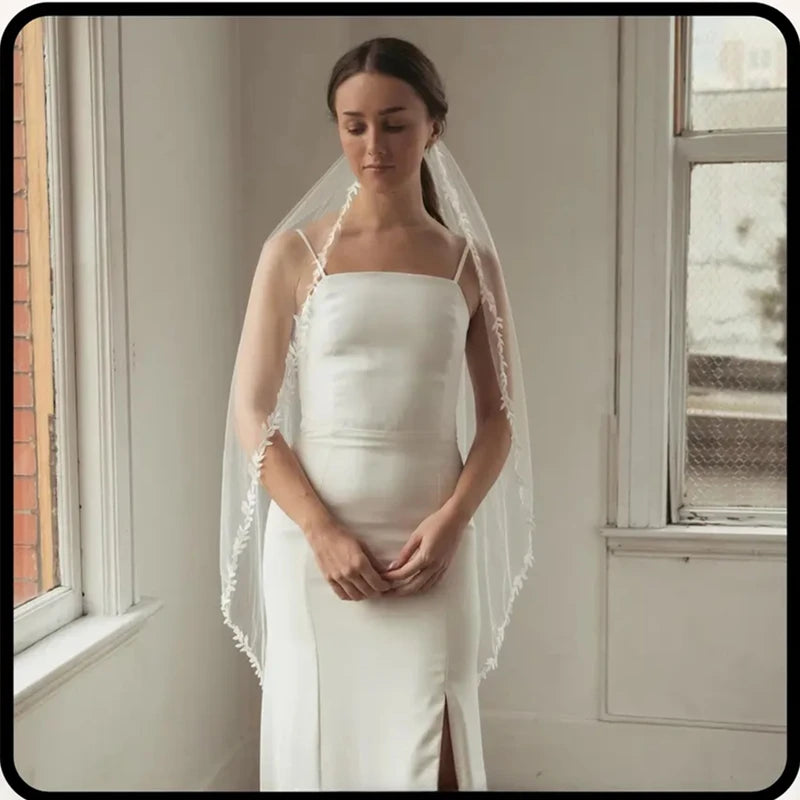 Cathedral Wedding Veil with Lace Trim, Leaf Lace Wedding Veil,Fingertip Veil, Cathedral Mantilla Bride Accessories Ivory