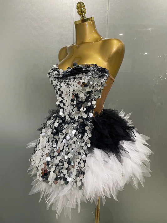 Stage Costume Women's Sparkly Sequin Mesh A Line Top Skirt 2 Pieces Set Nightclub Party Birthday Dress Photo Shoot Wear