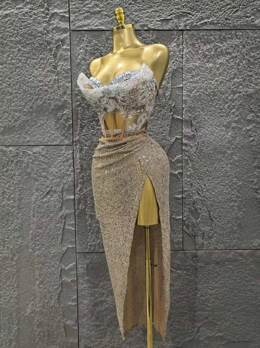 Women Sexy Strapless Shinning Crystal 2 Pieces Bodycon Mid-calf Dress Celebrate Bar Singer Performance Stage Wear