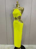 Luxury Sexy Backless Halter Beading Maxi Long Lemon Yellow Bandage Dress Women Elegant Evening Club Birthday Party Dress