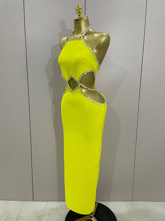 Luxury Sexy Backless Halter Beading Maxi Long Lemon Yellow Bandage Dress Women Elegant Evening Club Birthday Party Dress