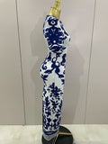 Sexy Short Sleeve Jacquard Blue Bandage Bodycon Long Dress Women Celebrity Elegant Evening Club Party Luxury Dresses