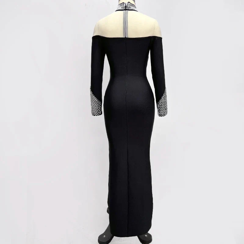 Fashion Sexy European And American Women Long Sleeve Black Sexy Round High Neck Color Long Sleeve Diamond Decoration Slim Dress