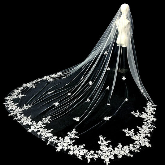 Long Lace Applique Wedding Veil Cathedral Length Bridal Veil