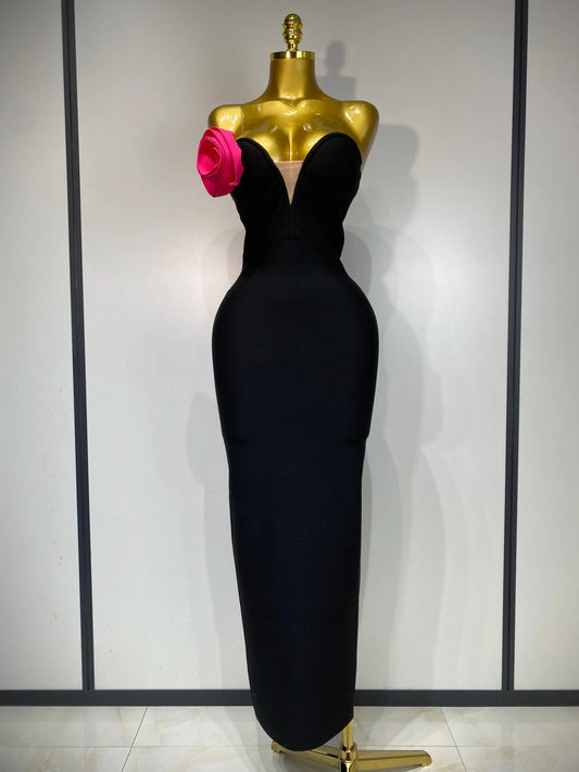 Women Sexy Strapless Backless Flower Patchwork Maxi Long Bandage Dress Elegant Evening Club Luxury Birthday Party Dresses black