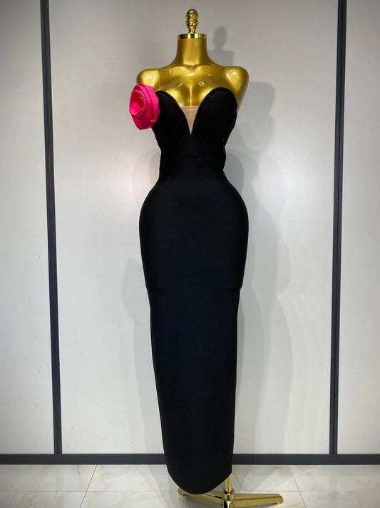 Women Sexy Strapless Backless Flower Patchwork Maxi Long Bandage Dress Elegant Evening Club Luxury Birthday Party Dresses black
