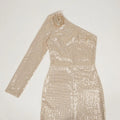 2024 Women's Light Luxury Glitter Dress with Diagonal Collar Single Shoulder Sleeve 3D Flower Decoration Bodycon Long Dresses