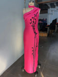 Sexy Women's Printed Bandage Dress with Hanging Neck Slant Neck Sleeveless Ruffle Bodycon Long Dress Evening Party Vestidos