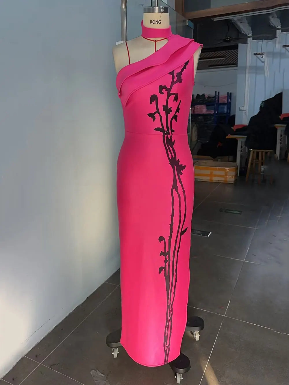 Sexy Women's Printed Bandage Dress with Hanging Neck Slant Neck Sleeveless Ruffle Bodycon Long Dress Evening Party Vestidos