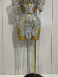 Sparkly Rhinestones Sequins Sexy Mesh Tassels Cape Short Dress Women Evening Birthday Party Nightclub Stage Costume