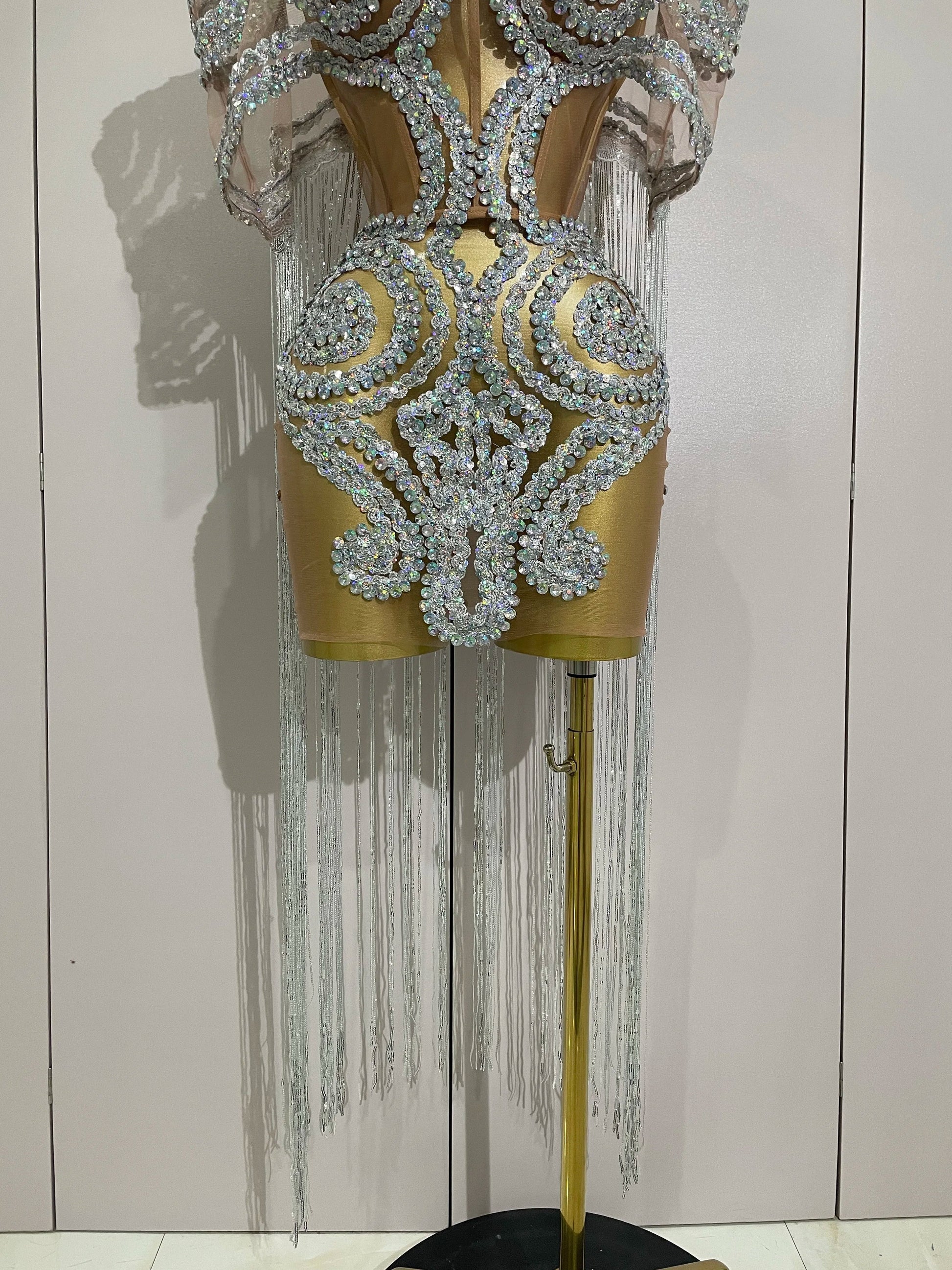 Sparkly Rhinestones Sequins Sexy Mesh Tassels Cape Short Dress Women Evening Birthday Party Nightclub Stage Costume