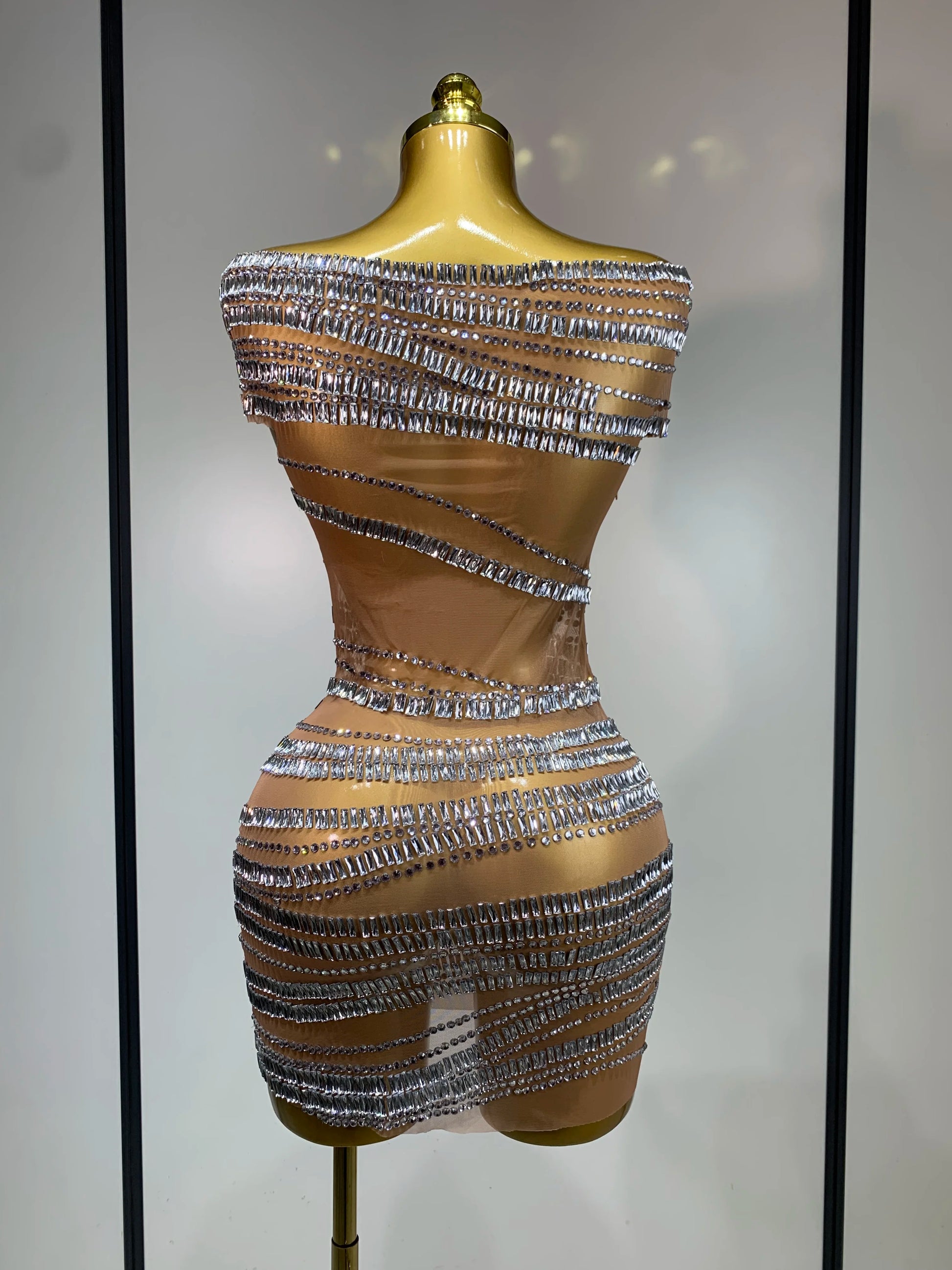 Luxury Sparkly Rhinestones Sexy Mesh Mini Dress Women Celebrate Birthday Evening Party Club Photo Shoot Dress Stage Outfit