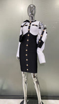 Arrivals Fashionable Women's Bandage Set Golden Buttons White Patchwork Black Coat And Sleeveless Bodycon MIini Dress