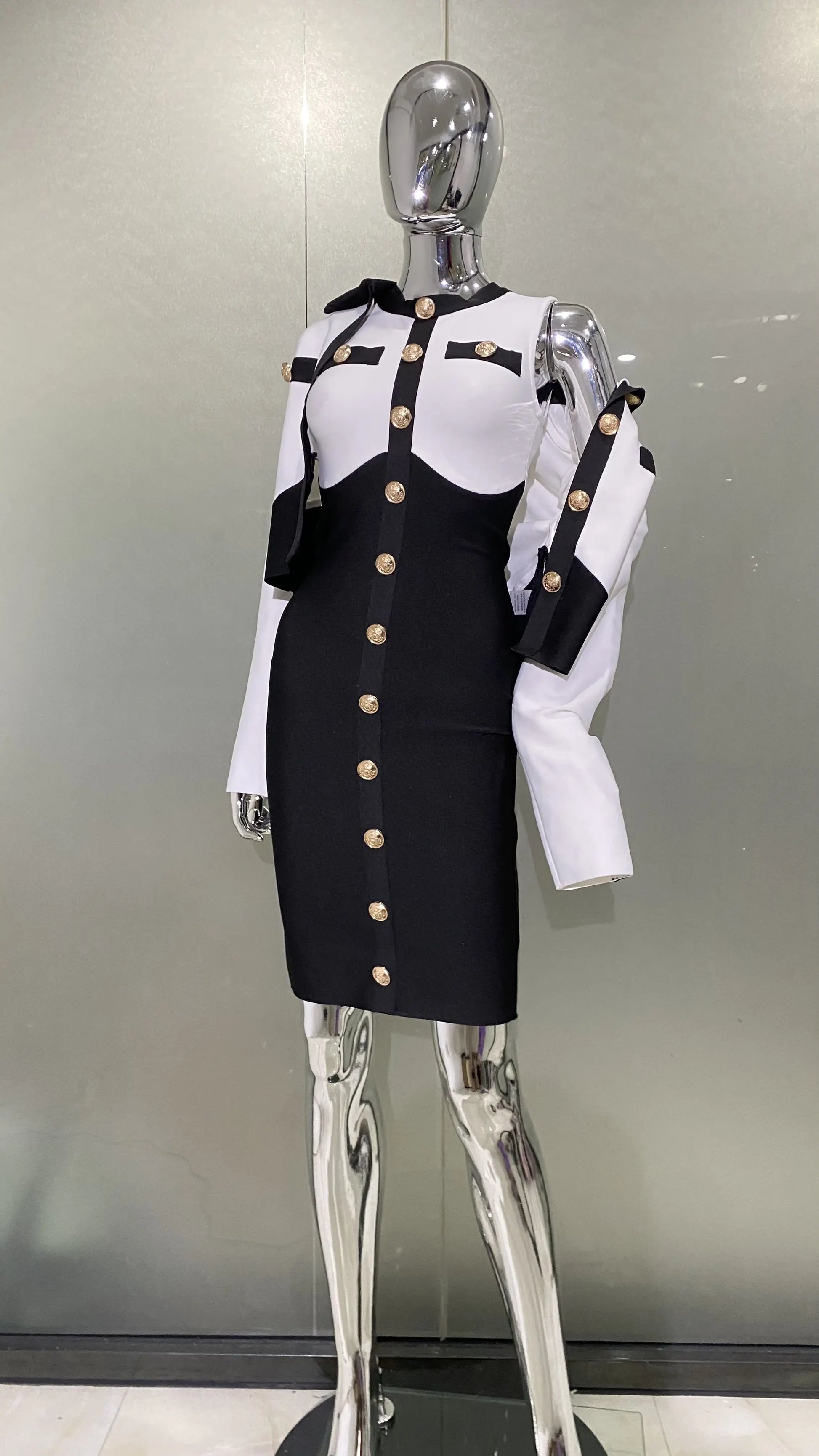 Arrivals Fashionable Women's Bandage Set Golden Buttons White Patchwork Black Coat And Sleeveless Bodycon MIini Dress