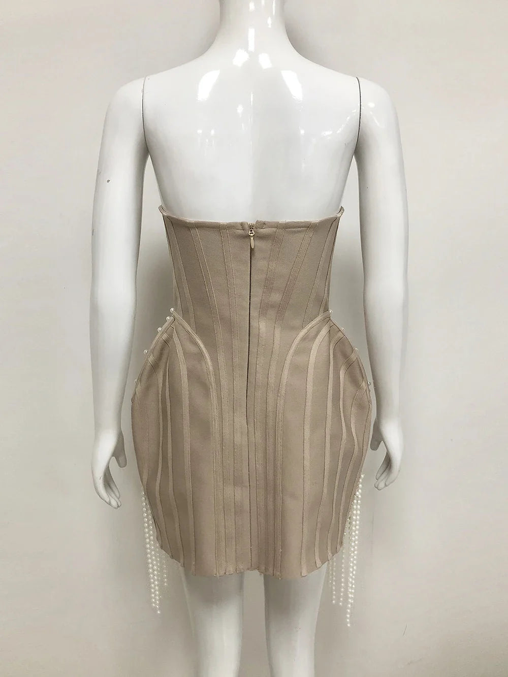Ladies Luxury Bead Tassels Strapless Backless Design Celebrity Party Club Khaki Sleeveless Sexy Mini Bandage Dress New