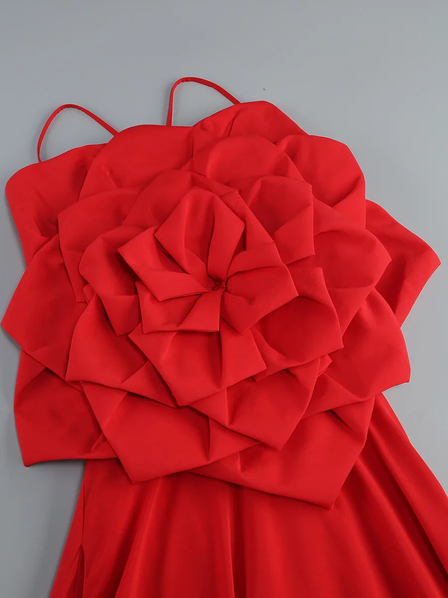 Red Color Women Sexy Strap Sleeveless Florals Loose Floor-Length Dress Celebrate Evening Party Wedding Mermaid Dress