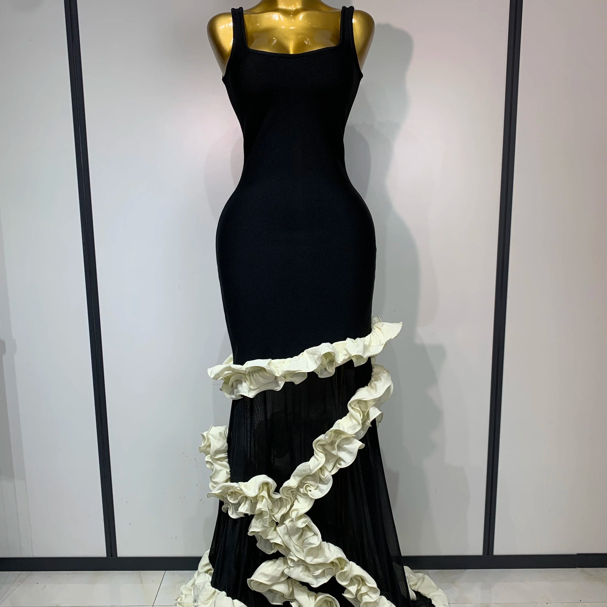 Women Black Sleeveless Ruffles Patchwork Maxi Bandage Dress 2025 Celebrity Elegant Evening Party Gowns Fashion Show Outfit black
