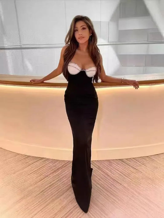 Black Red Color Women Sleeveless Sexy Strap Square Collar Bodycon Long Bandage Dress Nightclub Party Fashion Cocktail Dress