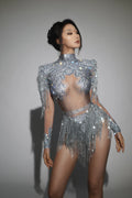 Sparkly Rhinestone Sequin Tassel Stretch Bodysuits Women Birthday Party Nightclub Dj Stage Performance Costume Silver