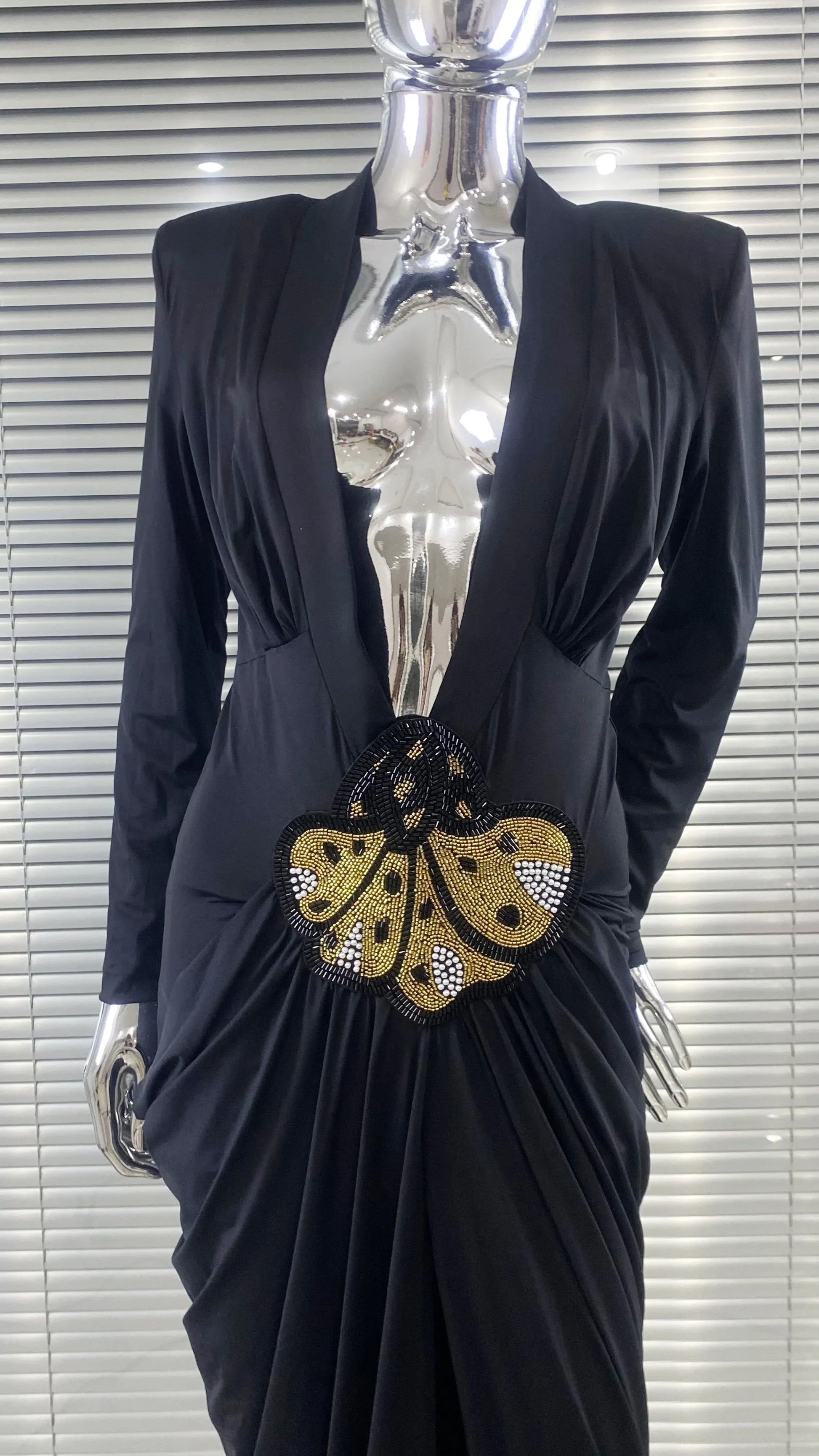 Beaded Decoration Sexy V-Neck Package Hip Black Floor Length Dress Celebrity Party Dress Woman Cocktail Outfit