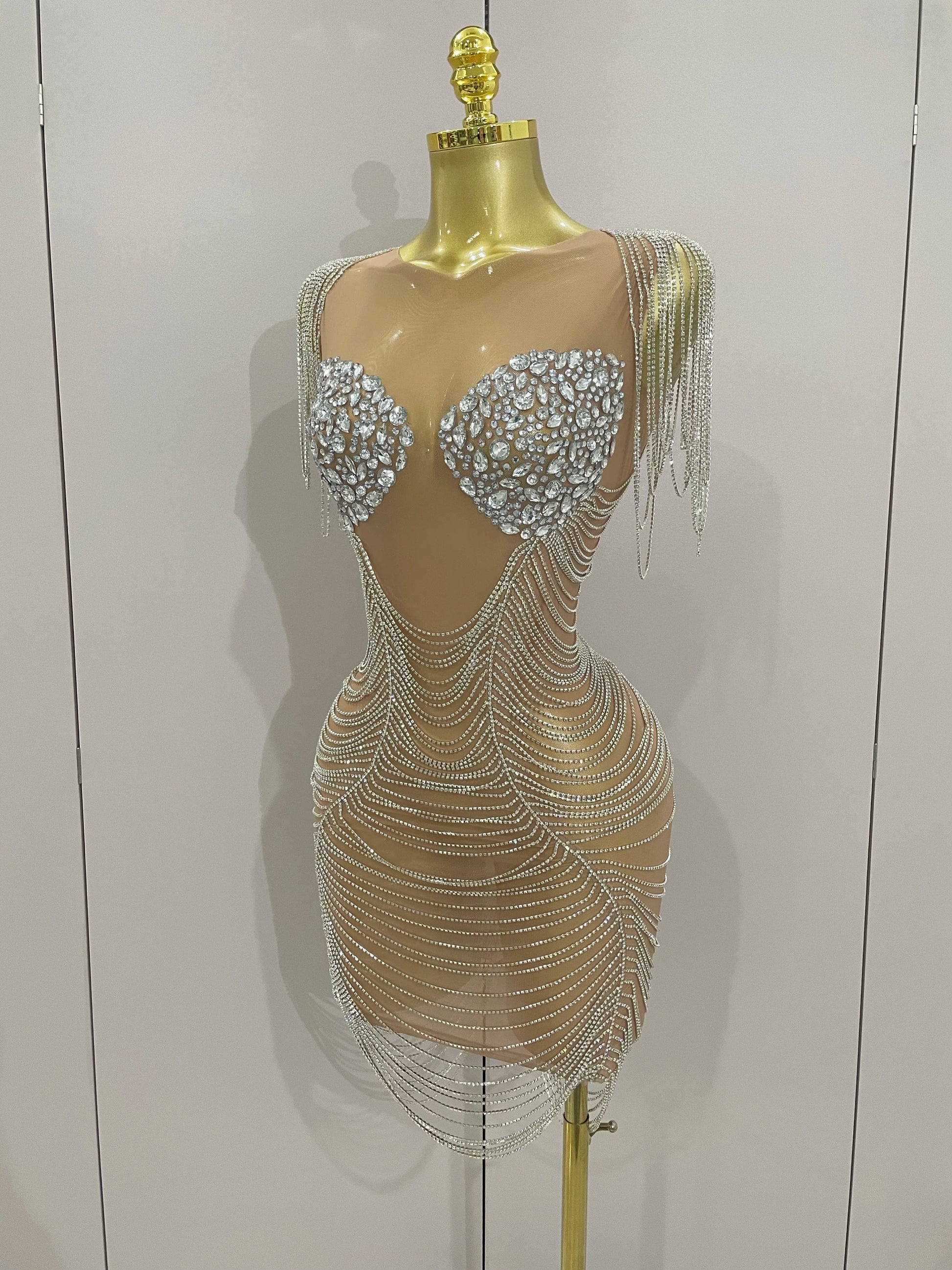Sparkly Diamonds Crystal Sexy Mesh See Through Mini Dress Women Birthday Party Club Celebrate Stage Performance Costume