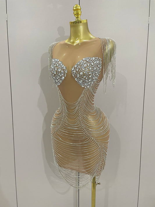 Sparkly Diamonds Crystal Sexy Mesh See Through Mini Dress Women Birthday Party Club Celebrate Stage Performance Costume