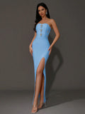 2024 Sexy Women'S Light Luxury Rhinestone Bandage Dress Strapless Sleeveless Bodycon Split Length Dress Christmas Party Vestidos Blue