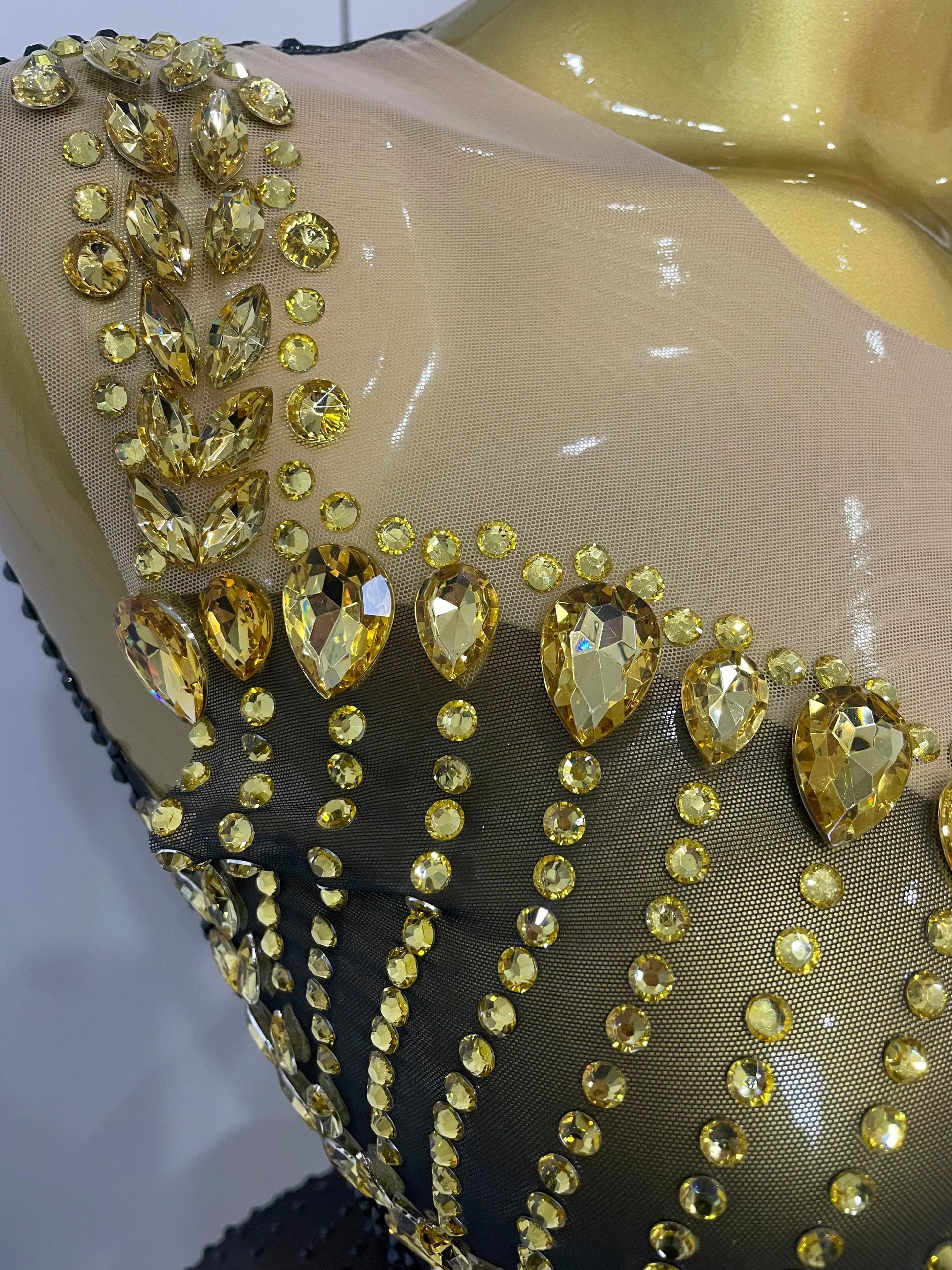 Sparkly Gold Rhinestone Transparent Sleeveless Mini Dress Evening Birthday Celebrate Party Nightclub Performance Costume