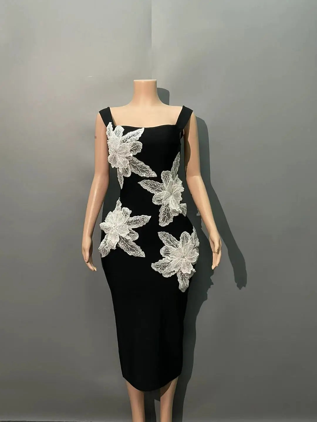 Women Sexy Slah Neck White Florals Bodycon Mid-calf Bandage Dress Fashion Elegant Evening Party Outfit Cocktail Vestido