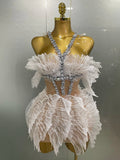 Sexy Shining Gold Crystal Transparent Wings Mini Dress Women Birthday Party Bar Nightclub Singer Stage Performance Costume WHITE