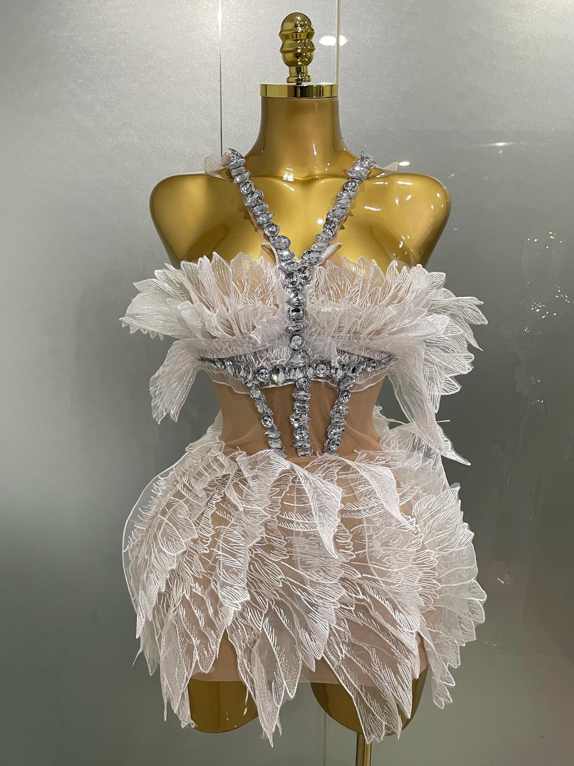 Sexy Shining Gold Crystal Transparent Wings Mini Dress Women Birthday Party Bar Nightclub Singer Stage Performance Costume WHITE