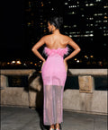 Pink Black Color Women Sexy Strapless Diamond Mesh Feathers Bodycon Long Dress Fashion Celebrate Nightclub Party Birthday Dress