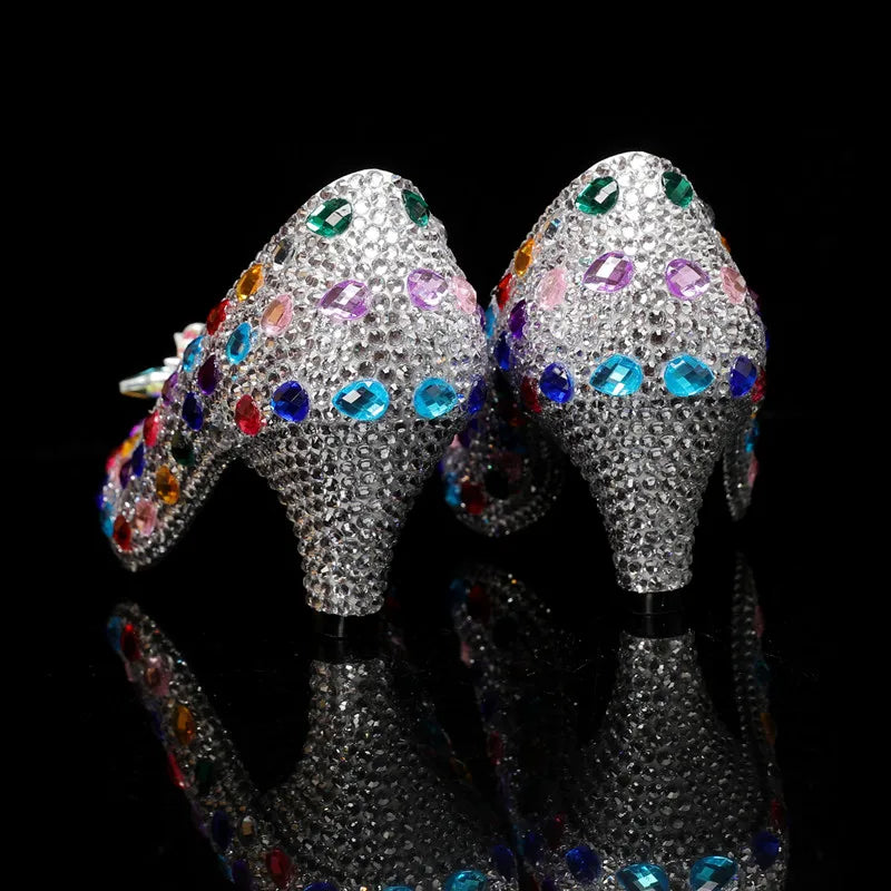 Luxury Colorful Rhinestones Wedding Women Pumps Fashion Round toe Crystal Flowers Bridal Party High heels Elegant Banquet Shoes