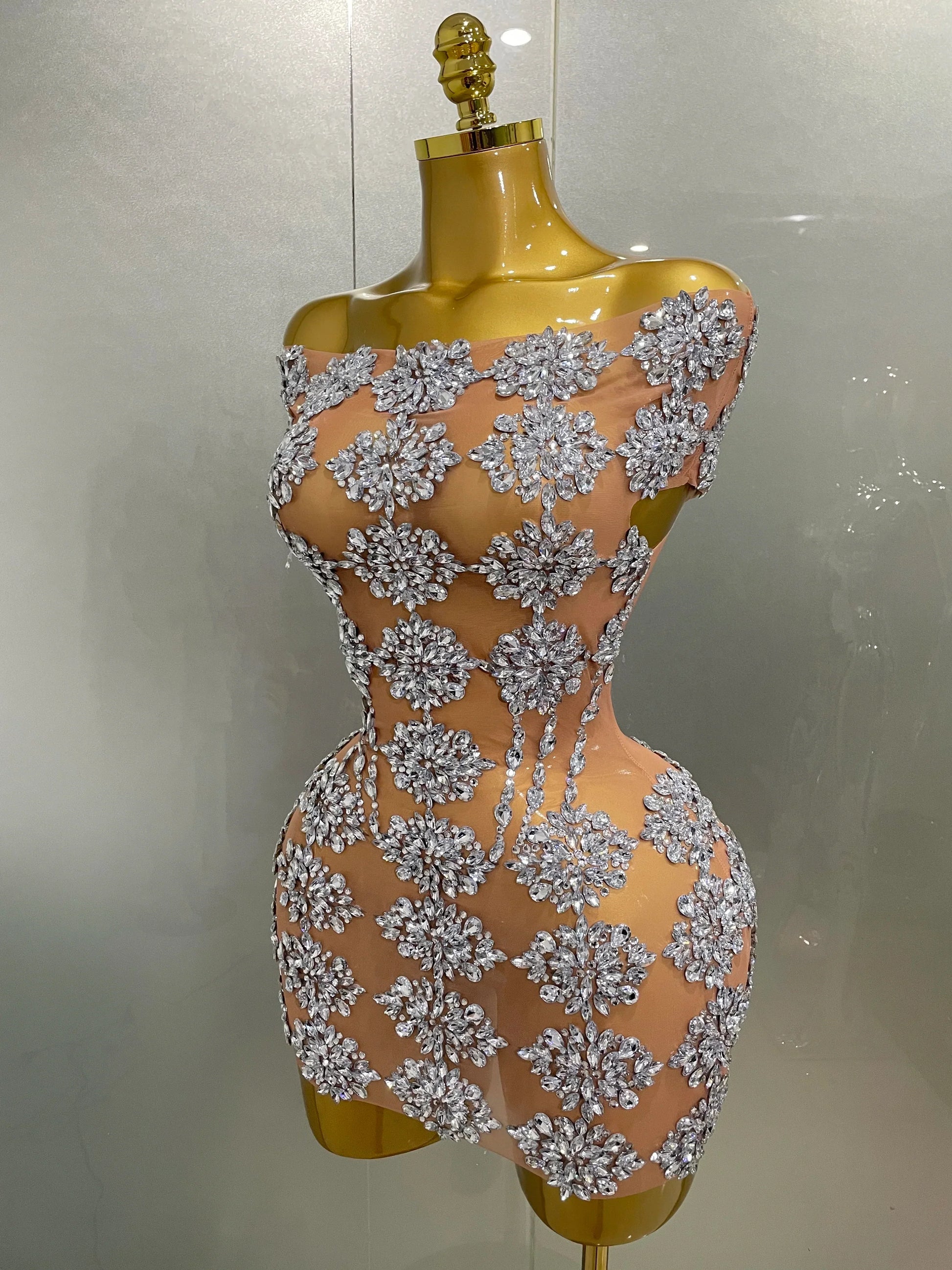 Luxury Sparkly Rhinestone Mesh Mini Dress Women Sexy Nightclub Party Dance Performance Costume Singer Dancer Show Stage Wear