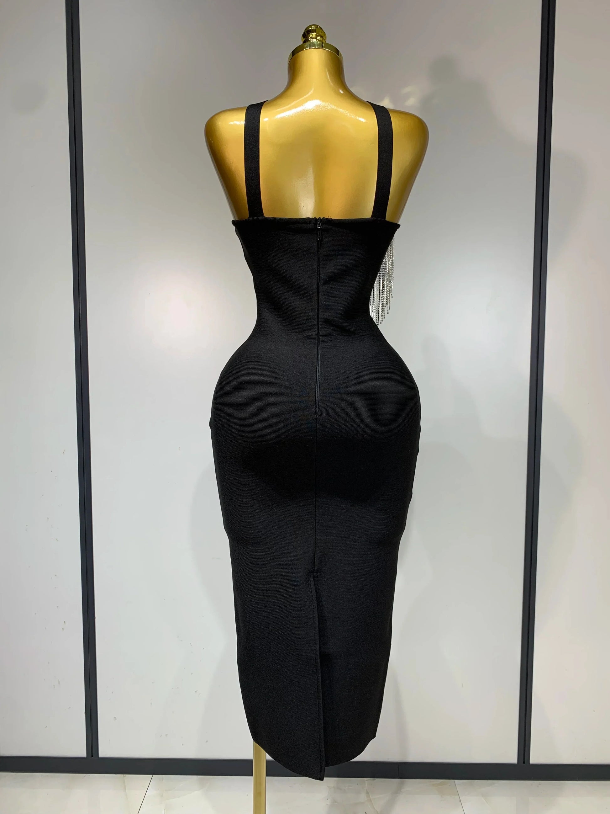 Women Sexy Diamonds Tassel Crystal Midi Black Bodycon Bandage Dress Elegant Evening Party Luxury Birthday Dresses Vestido