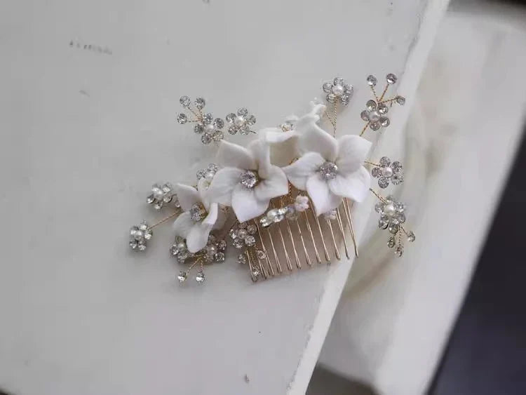 Bridal Jewelry Porcelain Flower Hair Comb Head Piece Brides Party Dinner Dress Crystal Rhinestones Hairpin Wedding Accessories