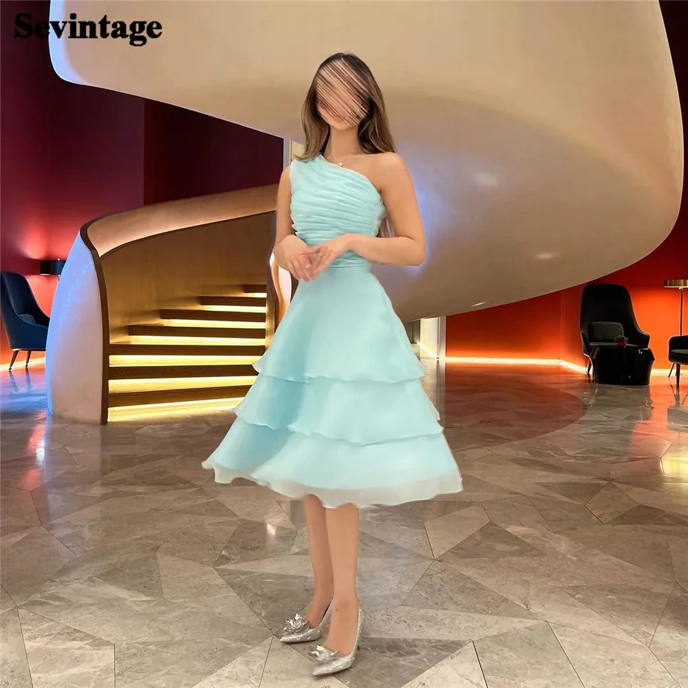 Hearty Mint Green Prom Dress Organza One Shoulder Tiered Party Knee Length Princess Growns فساتين للحفلات الراقصة