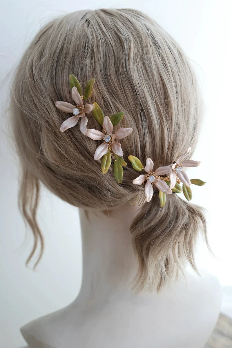 Bridal Jewelry Flower Hair Comb Pin Clip Gold Color Hairpin For Brides Leaf Crystal Rhinestones Head Pieces Wedding Accessories