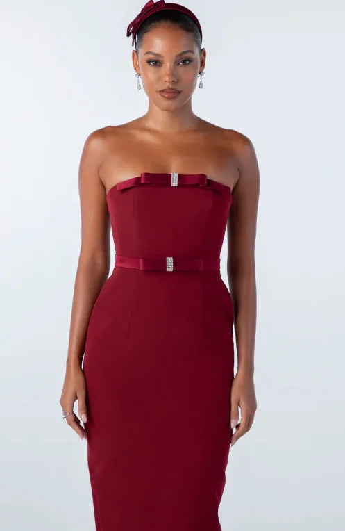 New Arrival Women Sexy Strapless Bow Bodycon Mid-calf Dress Celebrate Birthday Party Date Cocktail Outfit High Quality Claret