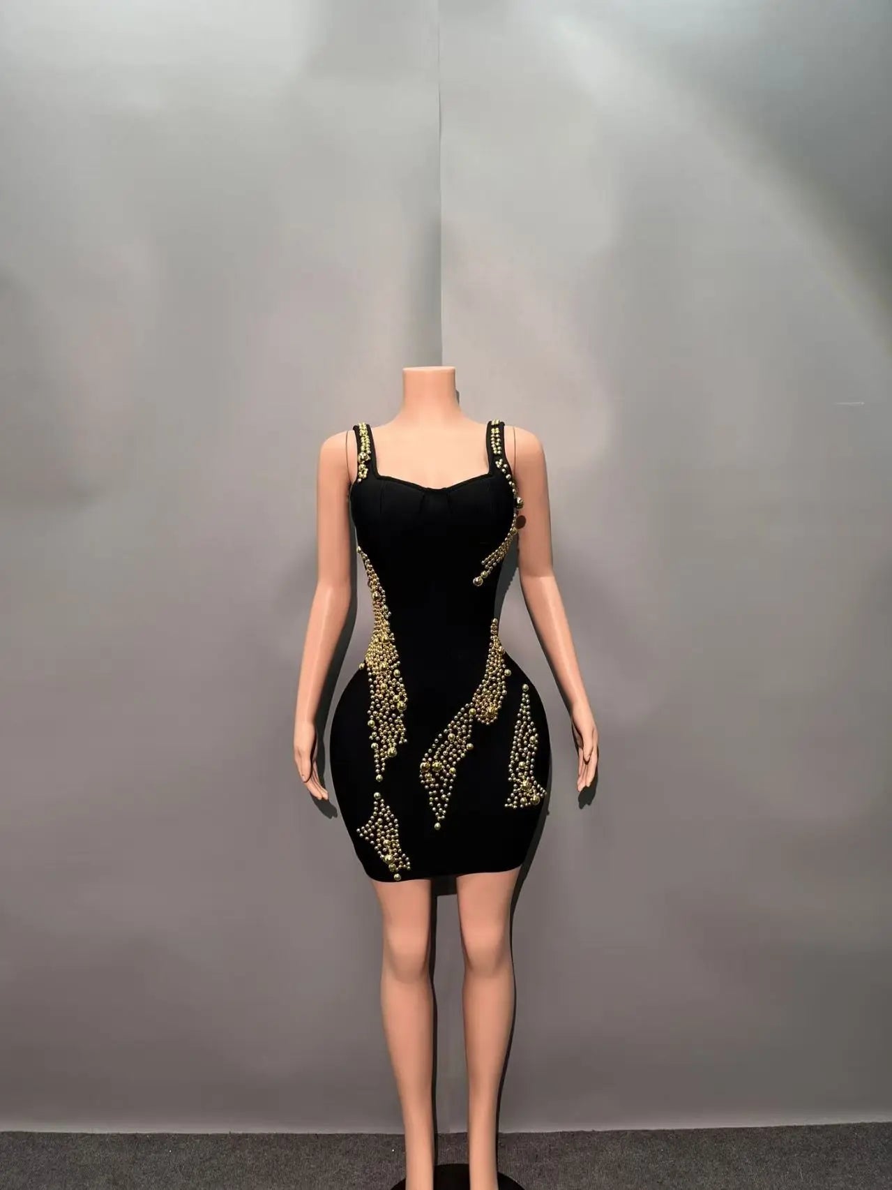 High Quality Women Sleevelss Sexy Square Collar Beading Bodycon Mini Bandage Dress Celebrate Nightclub Party Birthday Outfit Gold