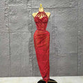 Red Color Women Sexy Off the Shoulder Shinning Crystal 2 Pieces Bodycon Long Dress Celebrate Birthday Party Nigtclub Outfit Red